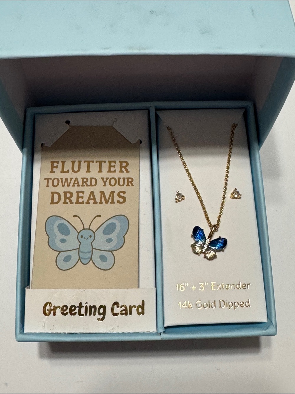 Gold-Dipped Blue Butterfly Necklace and Stud Earrings Set